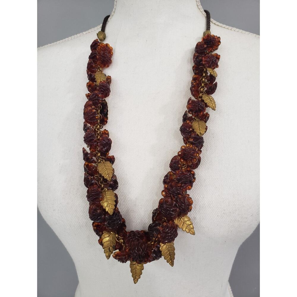 Vintage Celluloid Plastic Faux Tortoise Shell Leaf Flower Bloom Bead‎ Necklace